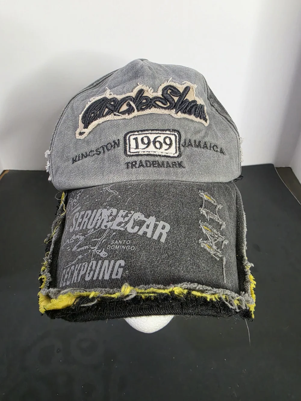Grey Distressed Rock Shark Embroidered Cap with Yellow Trim
